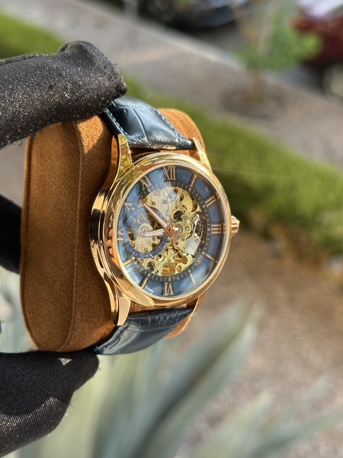 Longlux Automatic Skeleton Men’s Watch Gold Tone Blue Dial 42mm 3ATM Leather