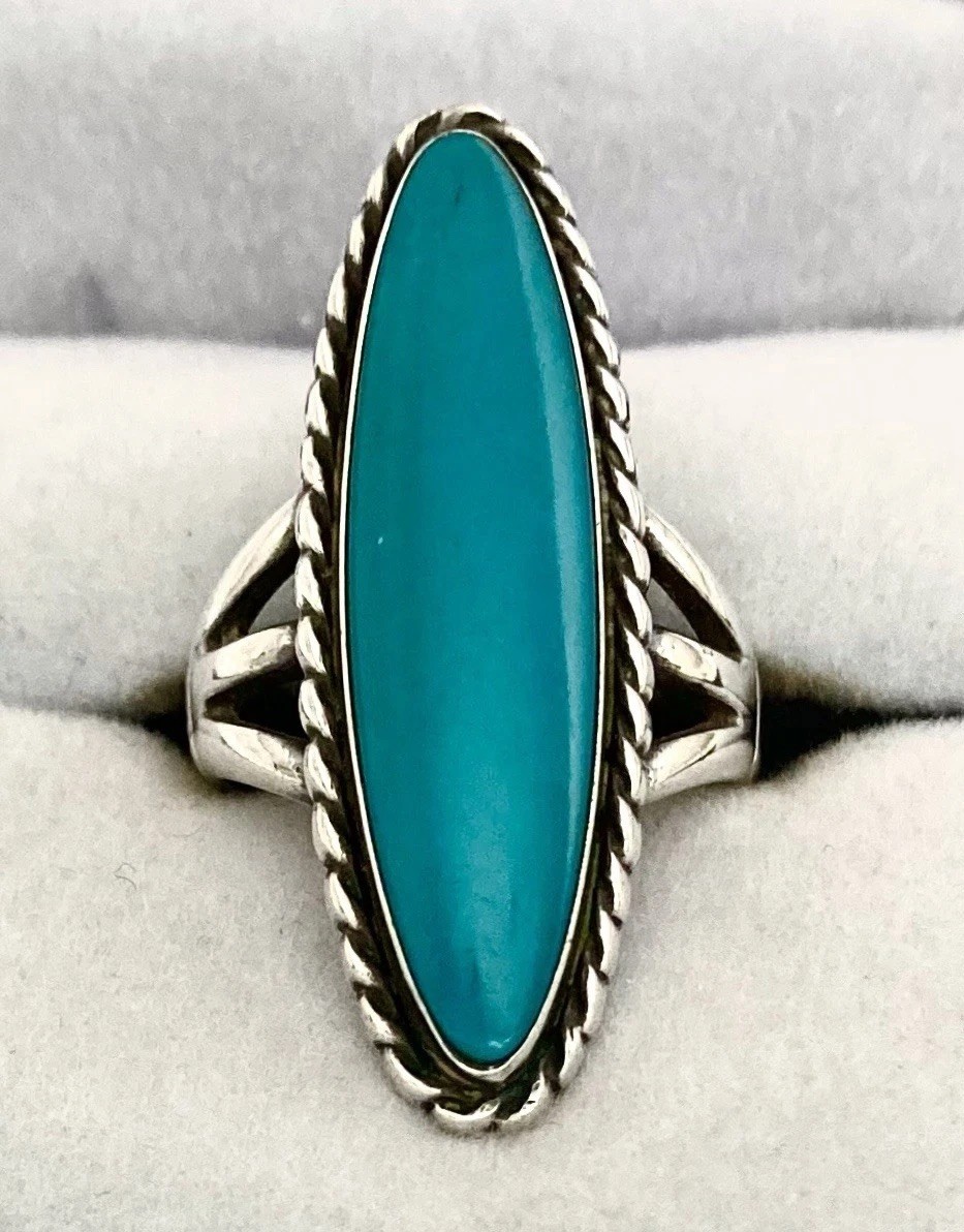 VINTAGE BELL TRADING POST Sterling Silver Tall TURQUOISE Rope Accent Ring~Size 6