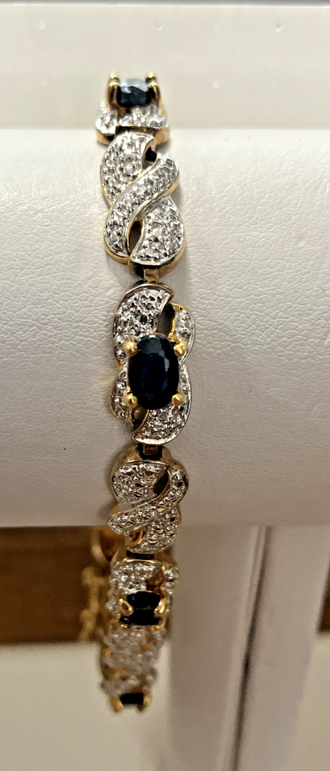 925 Sterling Silver Bct 12grams 7mm 7.2” Oval Black Stones Gold-Tone PreOwned