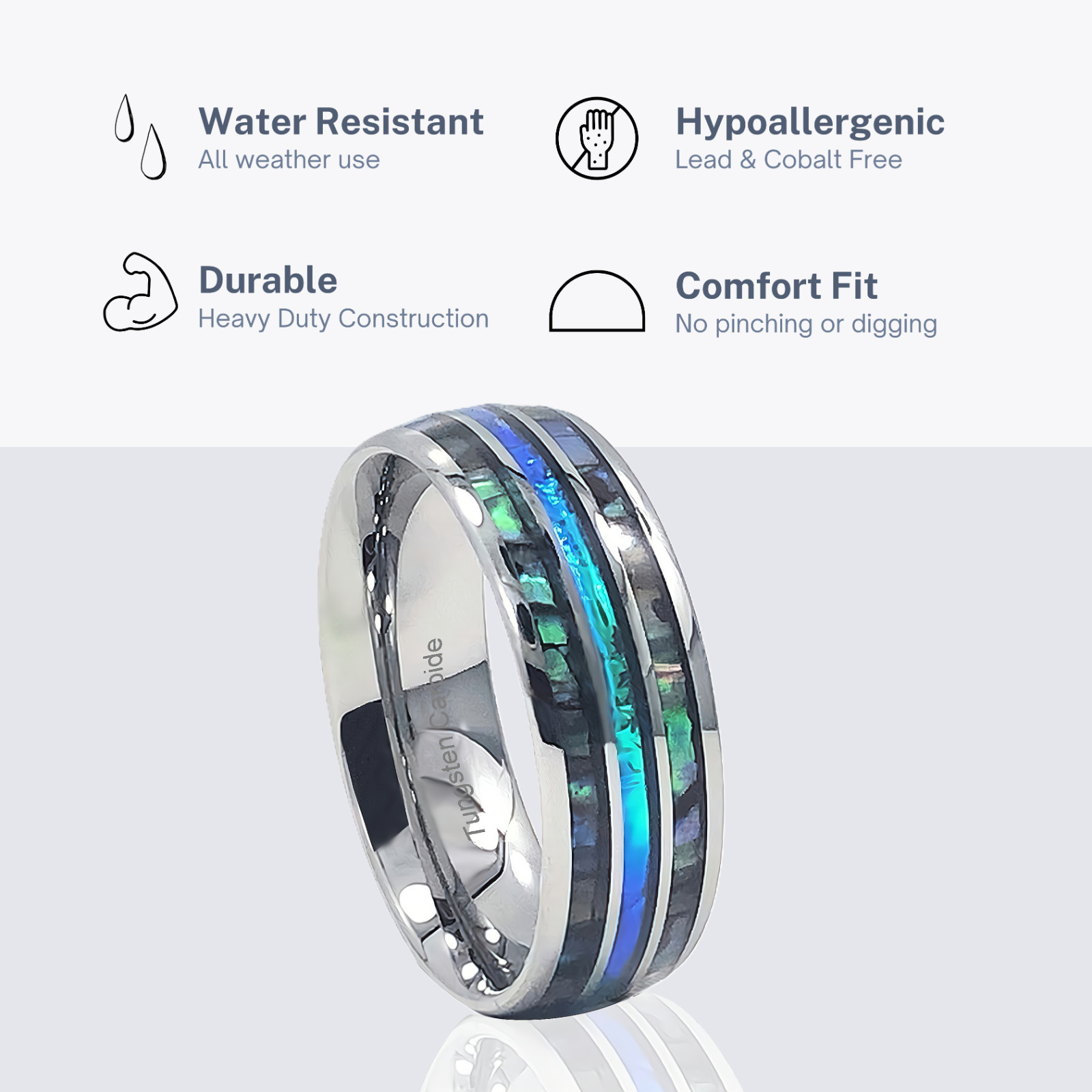 🔥NEW! Silver Tungsten Abalone Blue Inlay Engagement Wedding Band Mens Ring 8mm