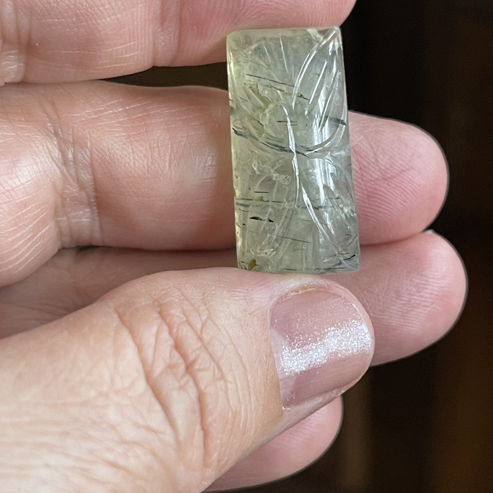 26.3×13.2×7.6mm Carved Rectangle Pale Green Prehnite Cabochon Loose Stone