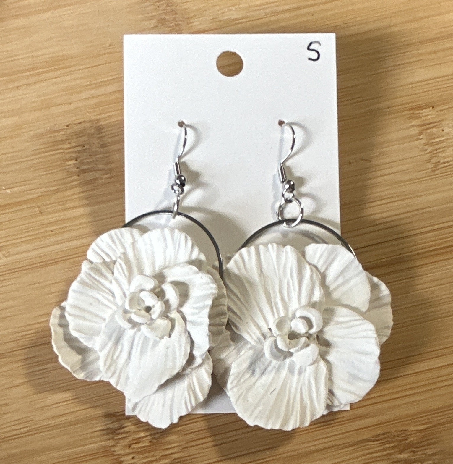 White Polymer Clay Flower Dangle/Drop Hook Earrings for Lobe, Bridal Earrings