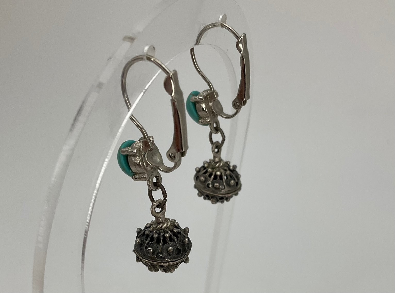 Vintage Croatian Botuni Ball Dangle Earrings Turquoise Silver Tone 6.12g