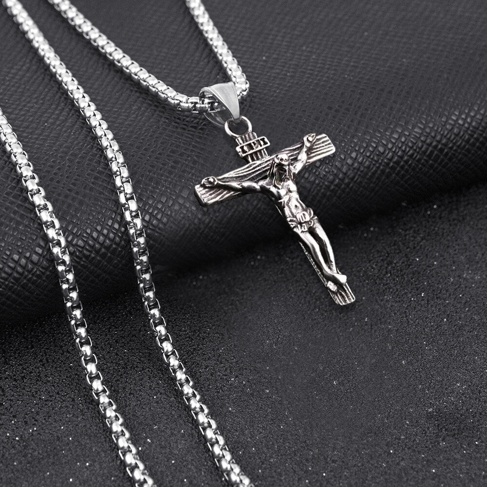 Men Stainless Steel Jesus Christ Crucifix Cross Pendant Chain Necklace