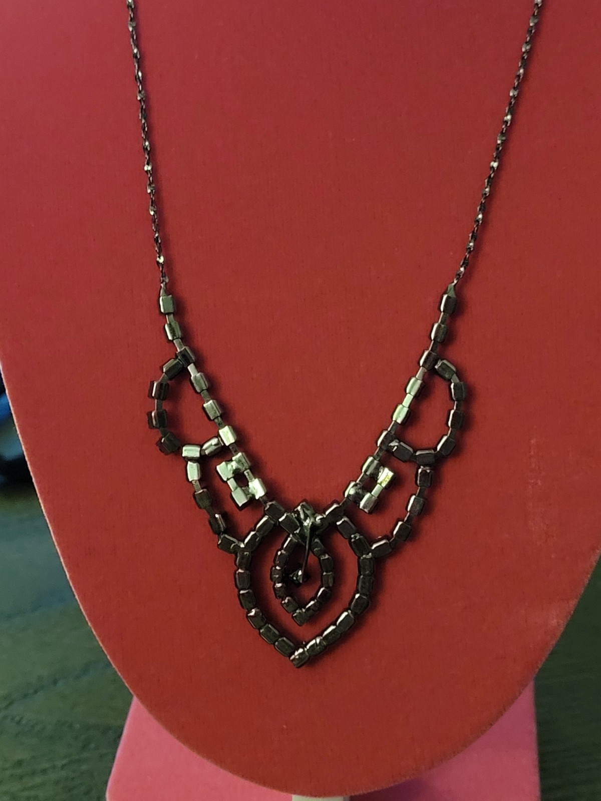 Vintage Daire’s Signed Black Tone with dark pink Rhinestone Statement Necklace