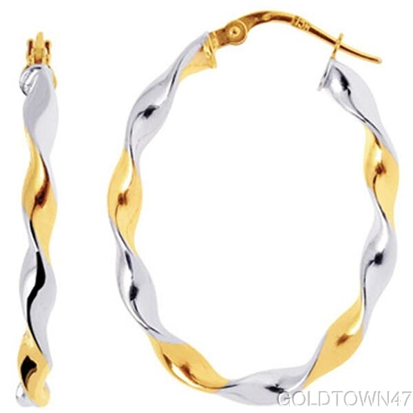 14K Yellow+White Gold Shiny Two Tone Twisted Large Oval Hoop Earring