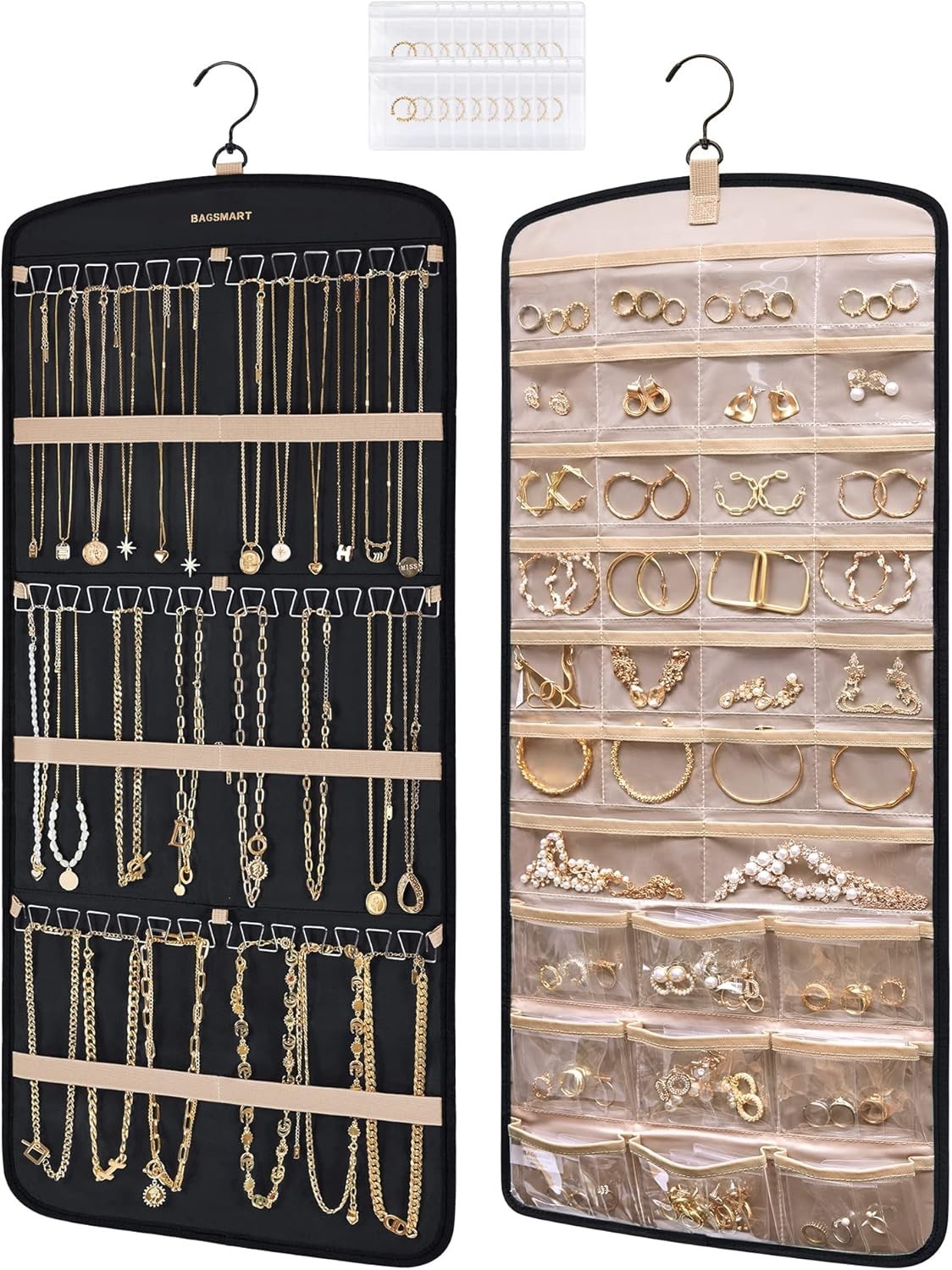 Hanging Jewelry Organizer with 32 Transparent Pockets and 20 Anti-tarnish Bags