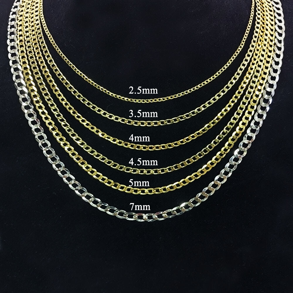 14K Real Solid Gold 2.5-4.5mm Cuban Curb Chain Necklace with Lobster Claw Clasp