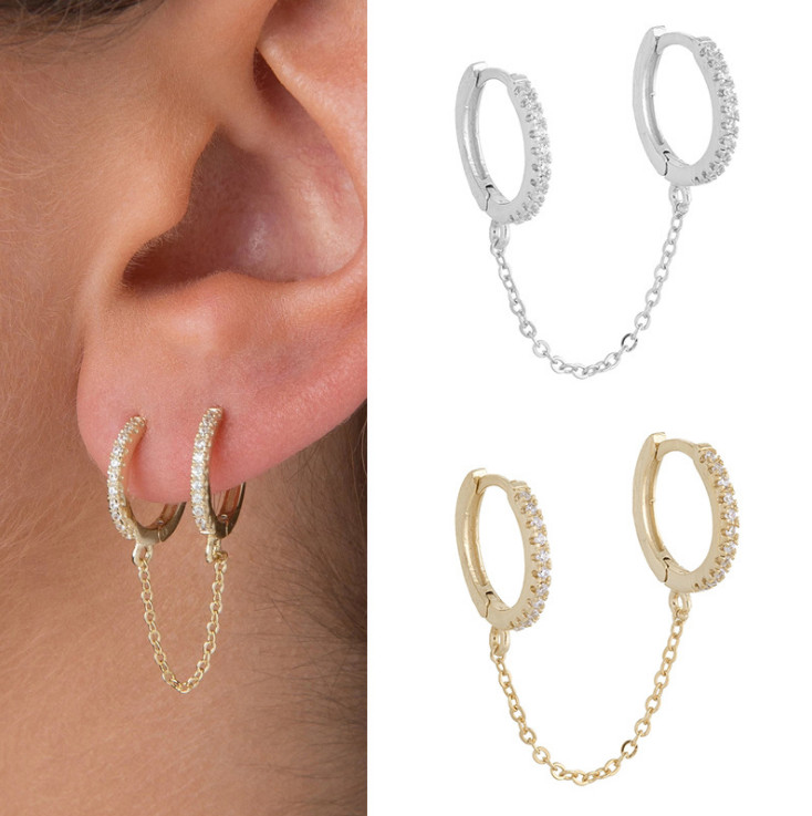 Sterling Silver CZ Double Huggie Hoop Chain Linked Earrings for 2 Ear Holes PE60