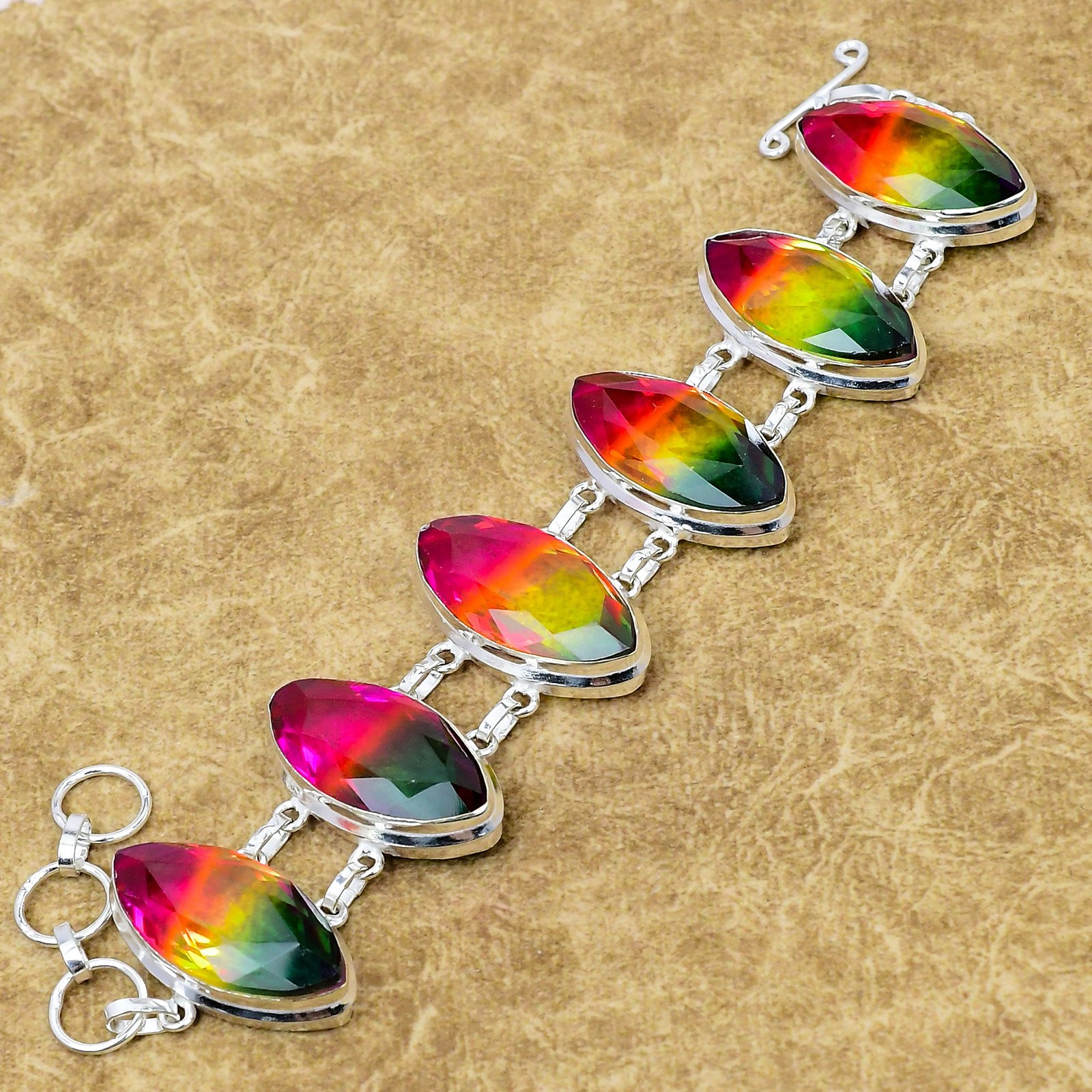 Natural Multi Tourmaline Handmade Bracelet 925 Sterling Silver Marquise Jewelry
