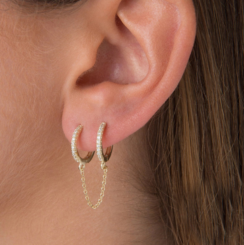 Sterling Silver CZ Double Huggie Hoop Chain Linked Earrings for 2 Ear Holes PE60