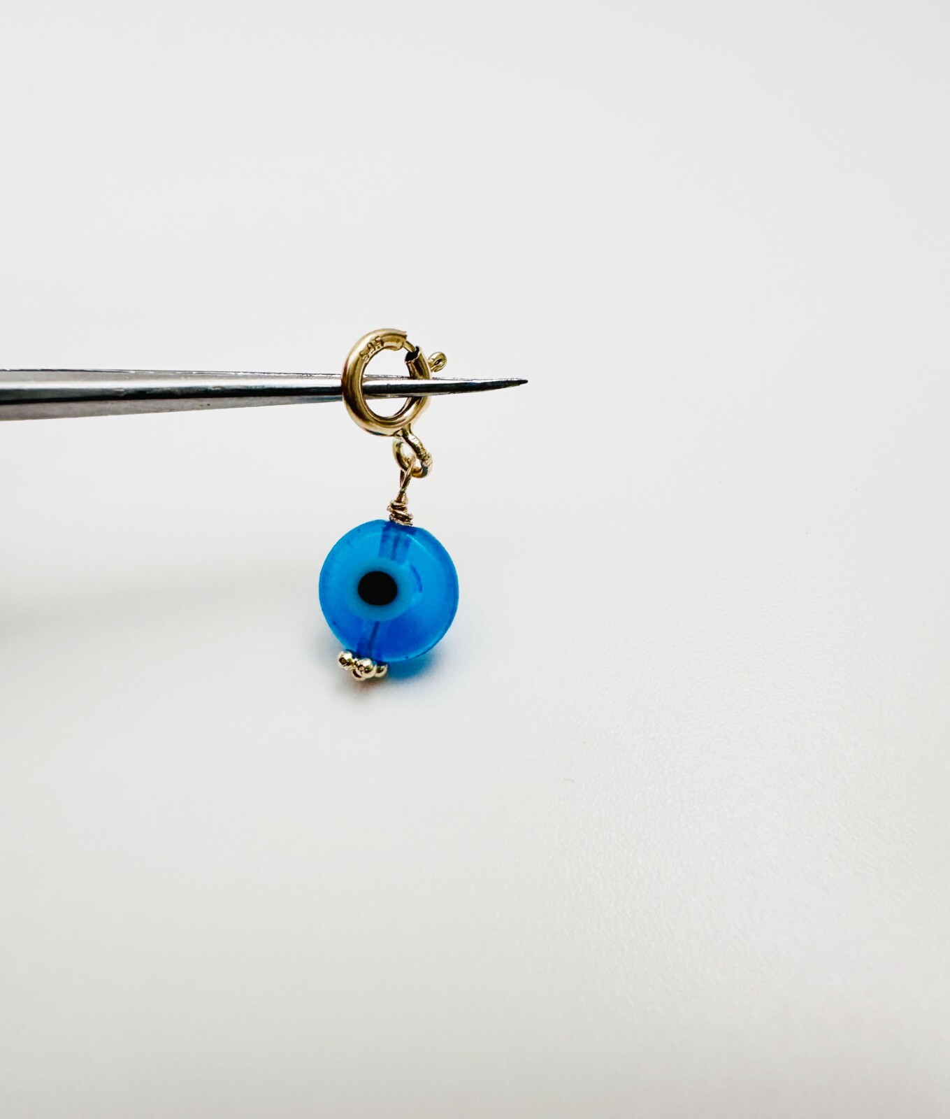 14K Solid Yellow Gold Millefiori Glass Blue Evil Eye Charm Pendant Spring Clasp
