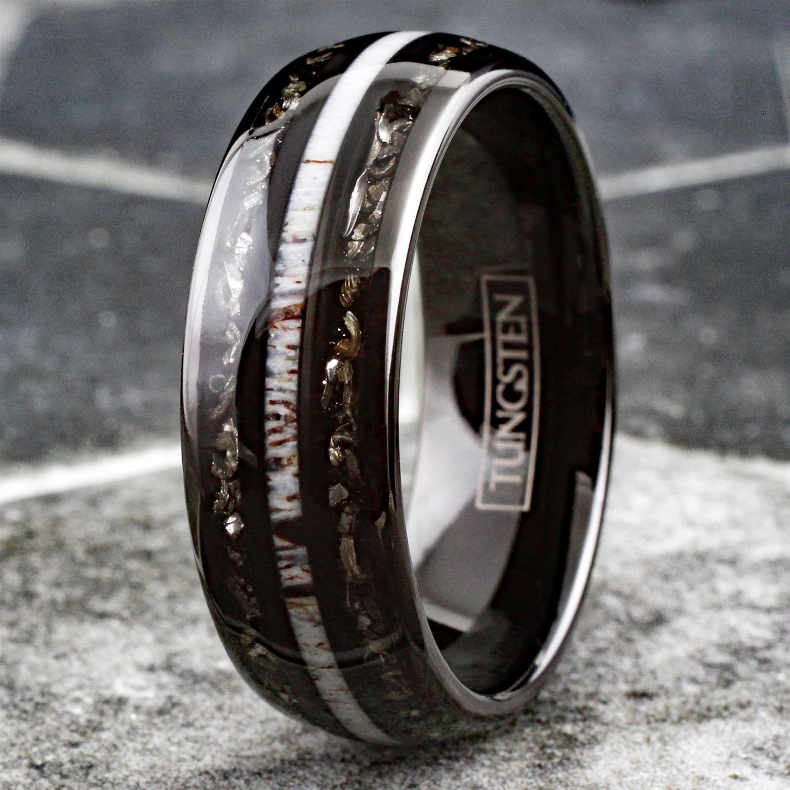 Black Tungsten Carbide Men’s Ring w/ Deer Antler & Meteorite Wedding Band