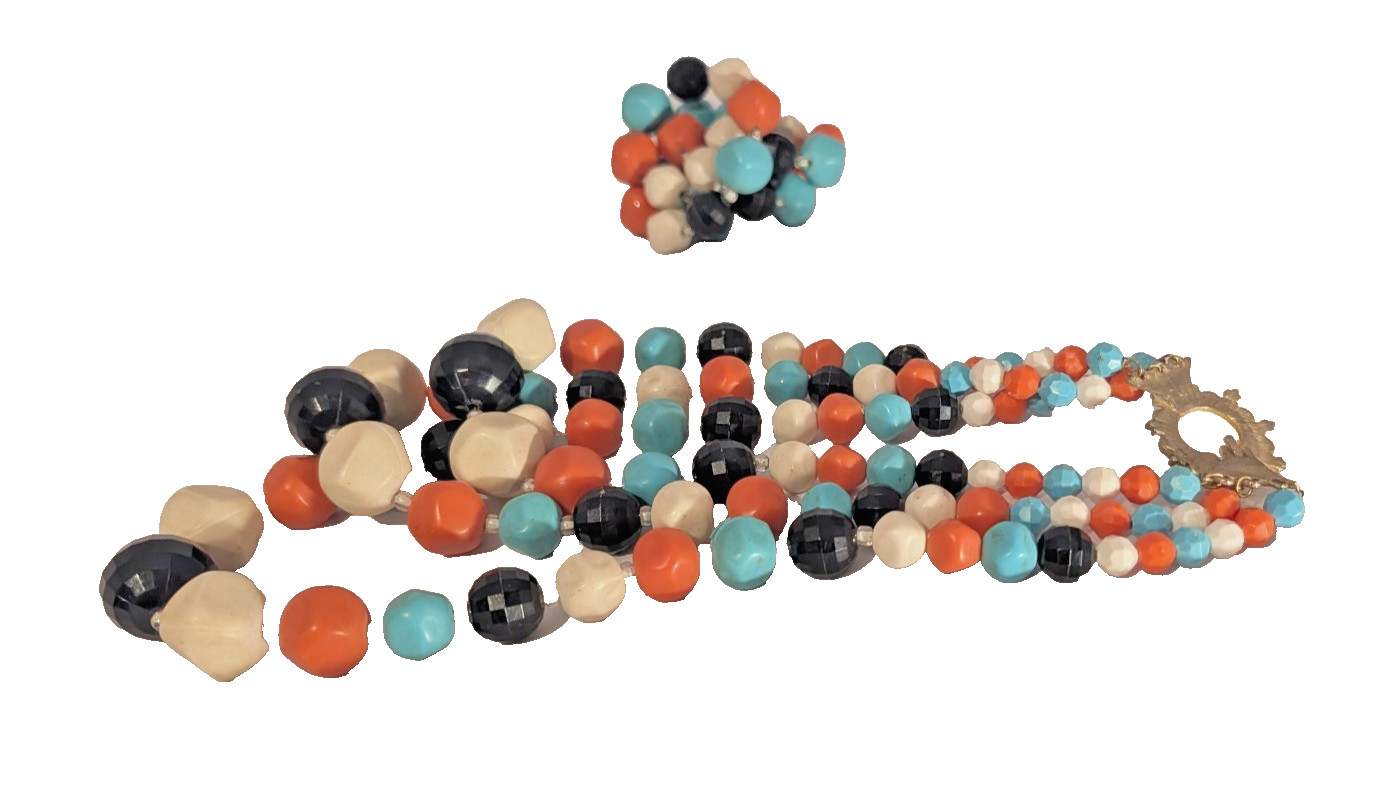 Vintage Multi-Color MCM 3 Strand Beaded Necklace & Single Strand Wrap Bracelet