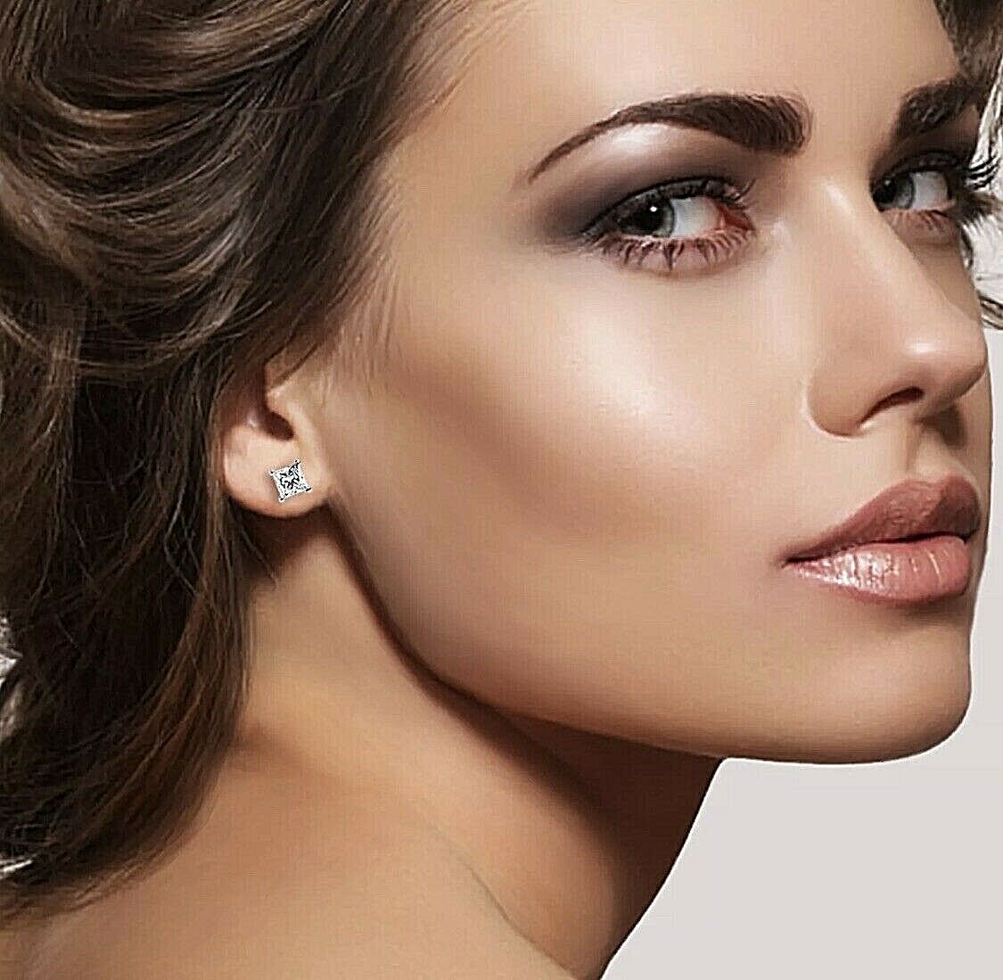 4 Ct Princess Cut FL/D Lab Created Stud Earrings 7mm 14k White Gold Push Back