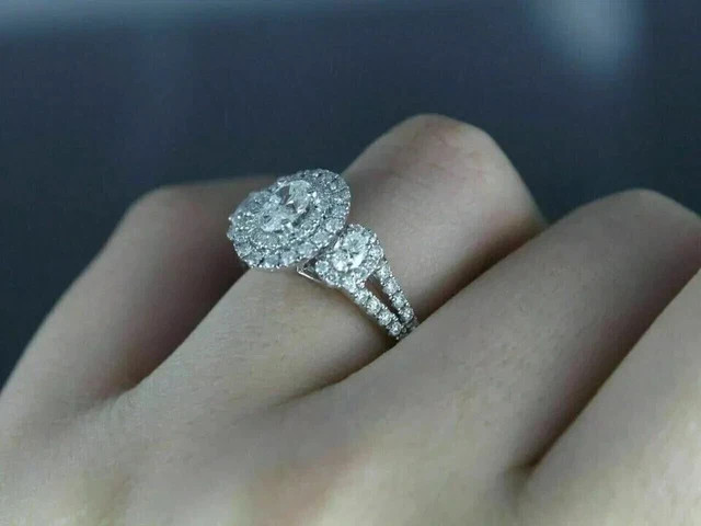 14K White Gold Plated 2.50CT Oval Cut Moissanite Halo Wedding Engagement Ring