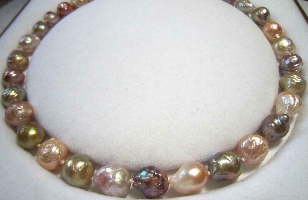 Huge 12-15mm Genuine Natural South Sea MultiColor Baroque Pearl Necklace 18″