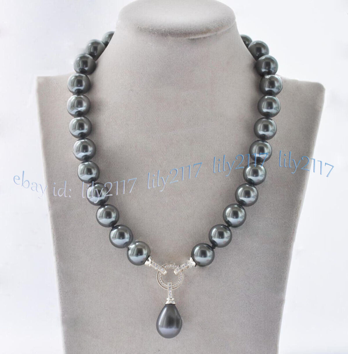8-14mm Dark Gray Round South Sea Shell Pearl Teardrop Pendant Necklace 14-32”