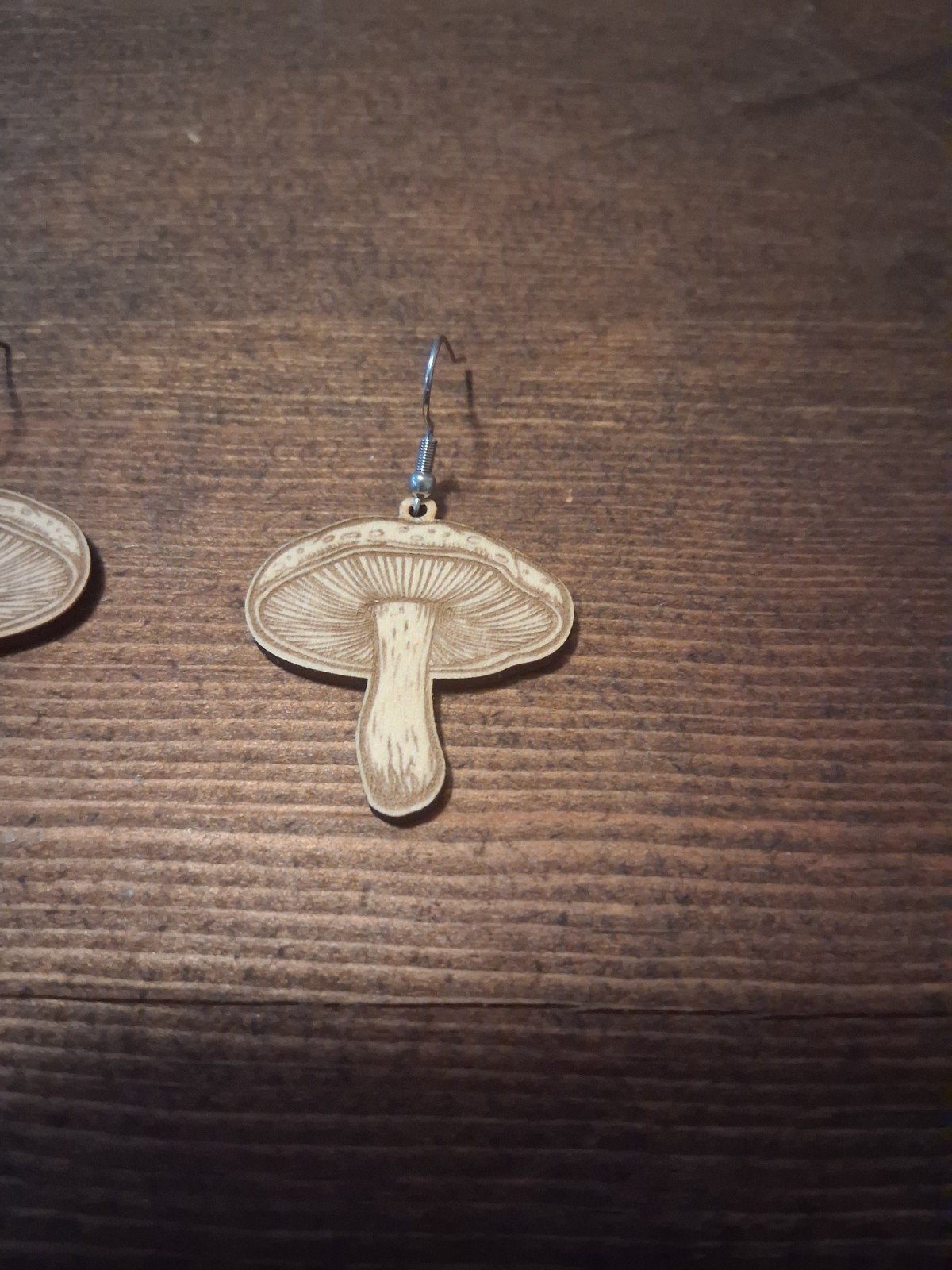 Custom Laser Cut Wood Dangle/Drop Hook Earrings Nature Leaf & Mushroom Design.