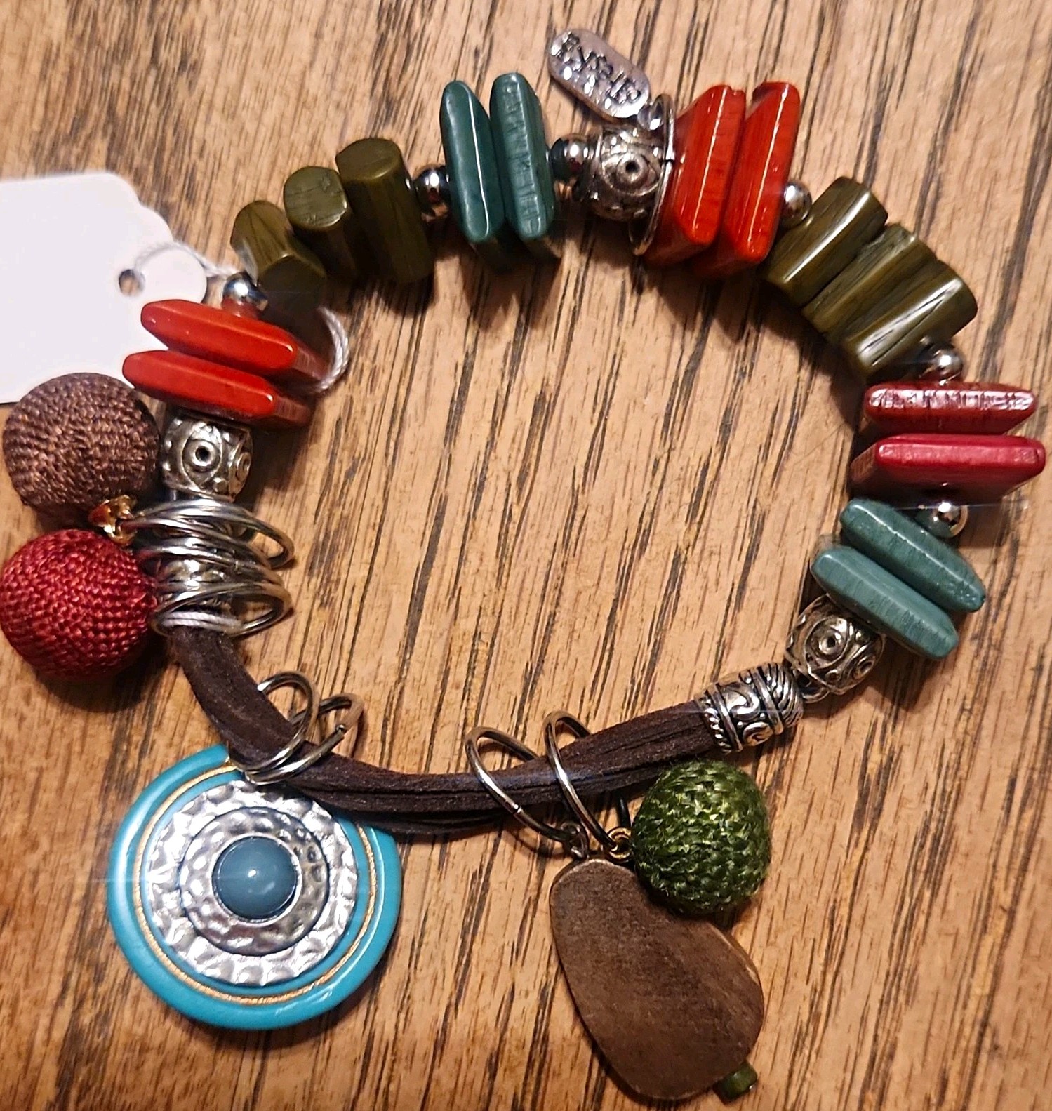 Multicolor Beaded Cord Charm Bracelet w/ Dangle Charms Bohemian Round Beads