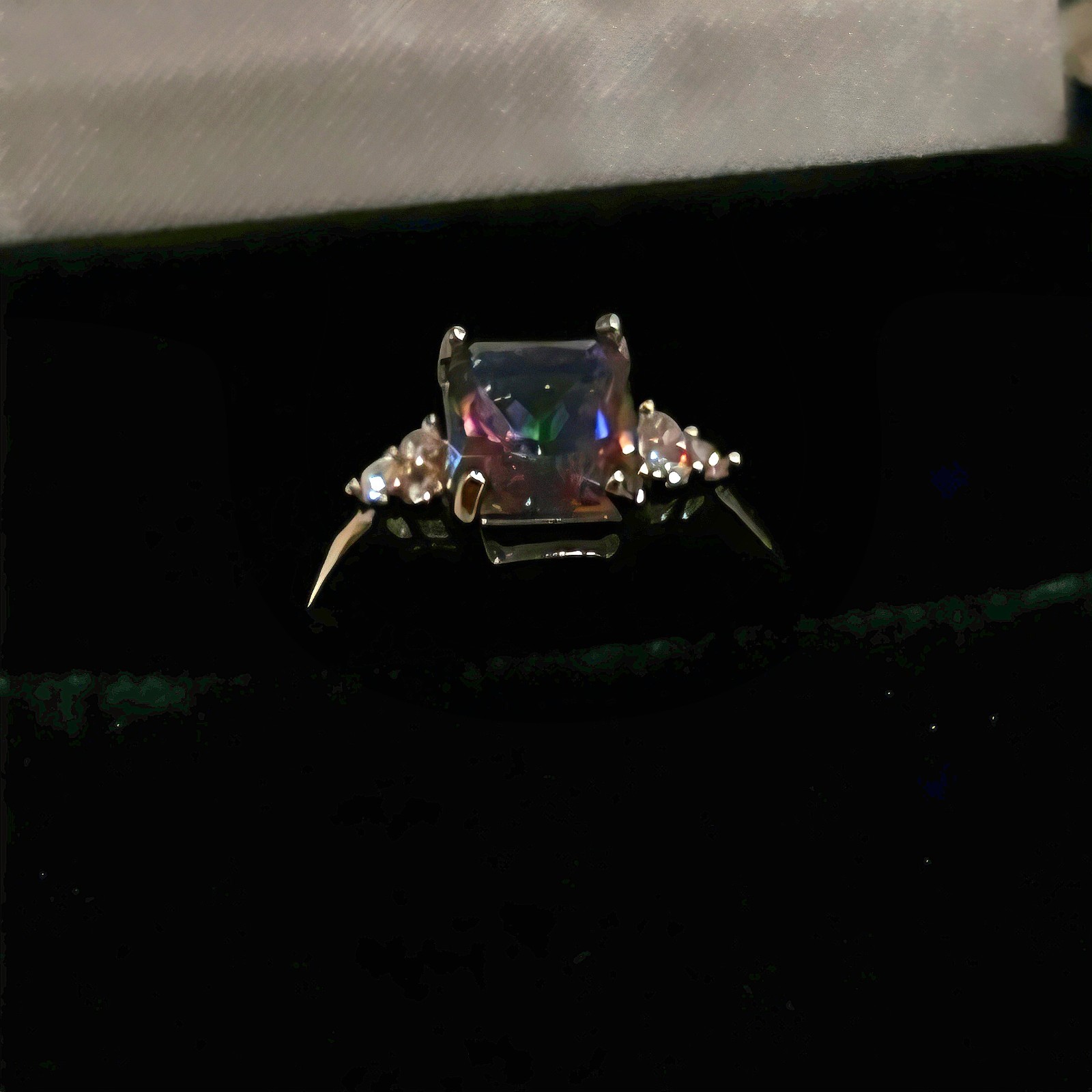 Sterling 925 Emerald Cut Multi Mystic Topaz Size 7 Ring w/6 Clear Accent Stones