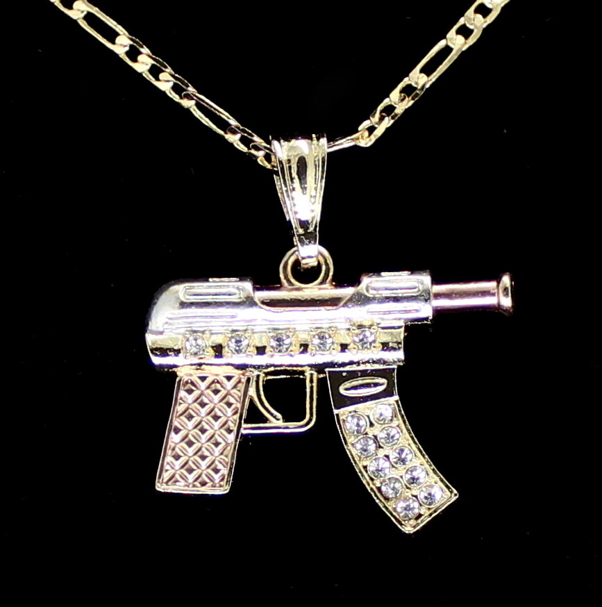 Uzi Machine Gun Cubic Zirconia Pendant Tri Color Gold Plated 20″ Figaro Chain