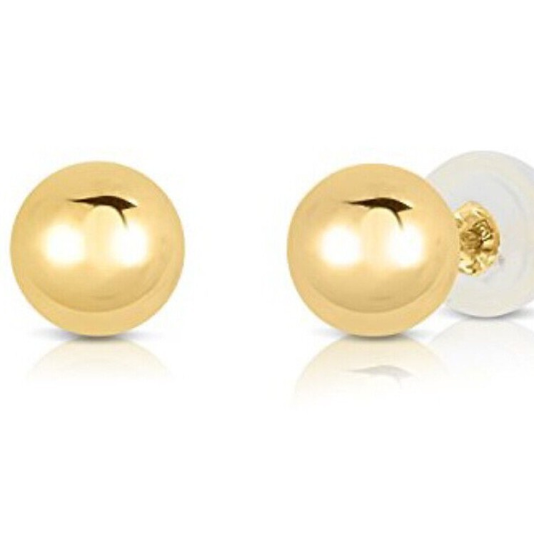 14K Real Solid Yellow Gold Polished Round Ball Stud Earrings Silicone Push-back