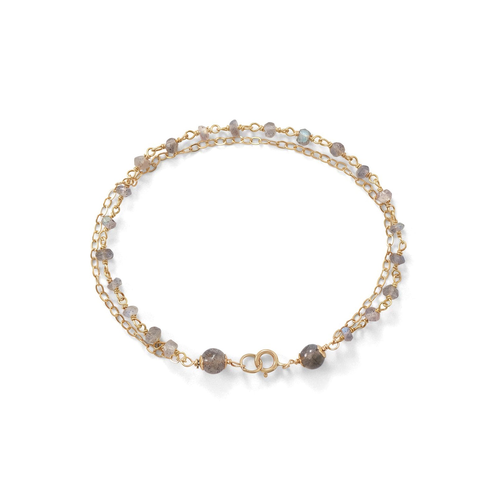 Double Strand Labradorite Bracelet 14K Gold Filled 925 Silver Spring Ring 7.25in