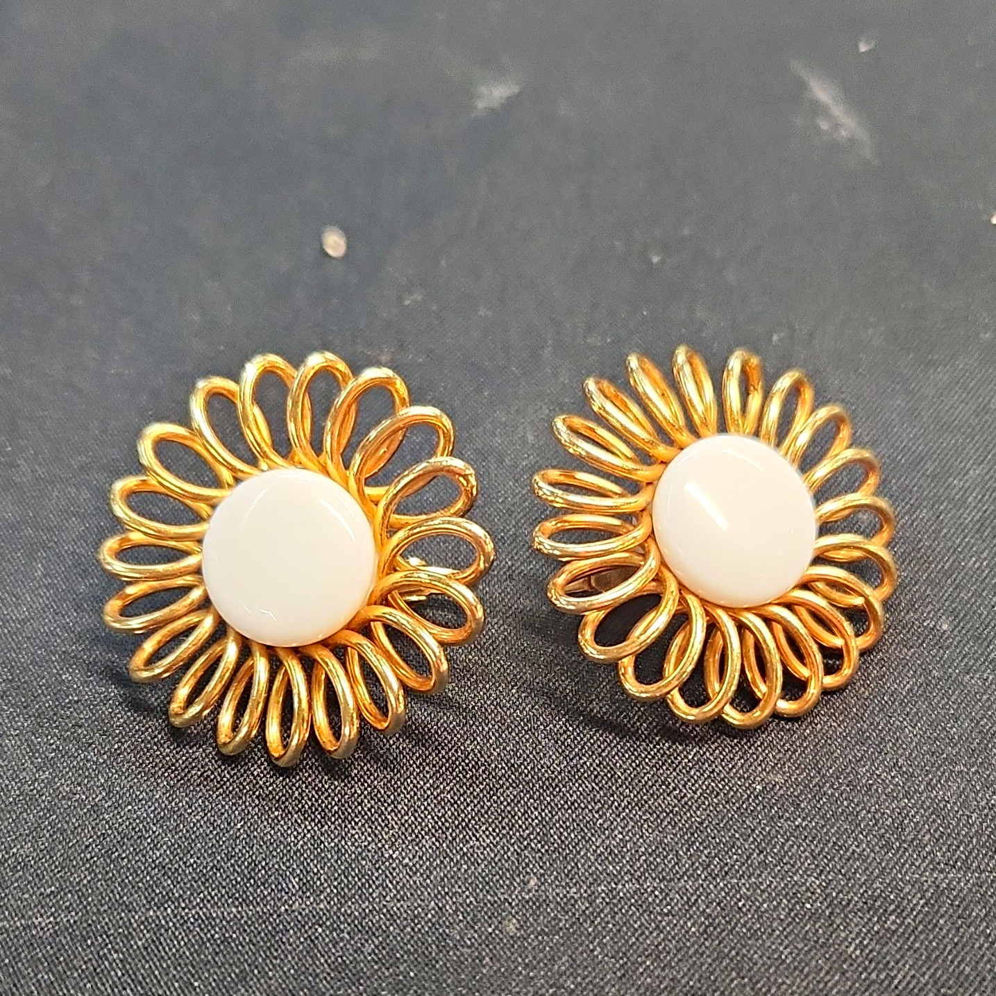 Gold Tone Metal Flower Clip-On Earrings with White Round Center, Lobe