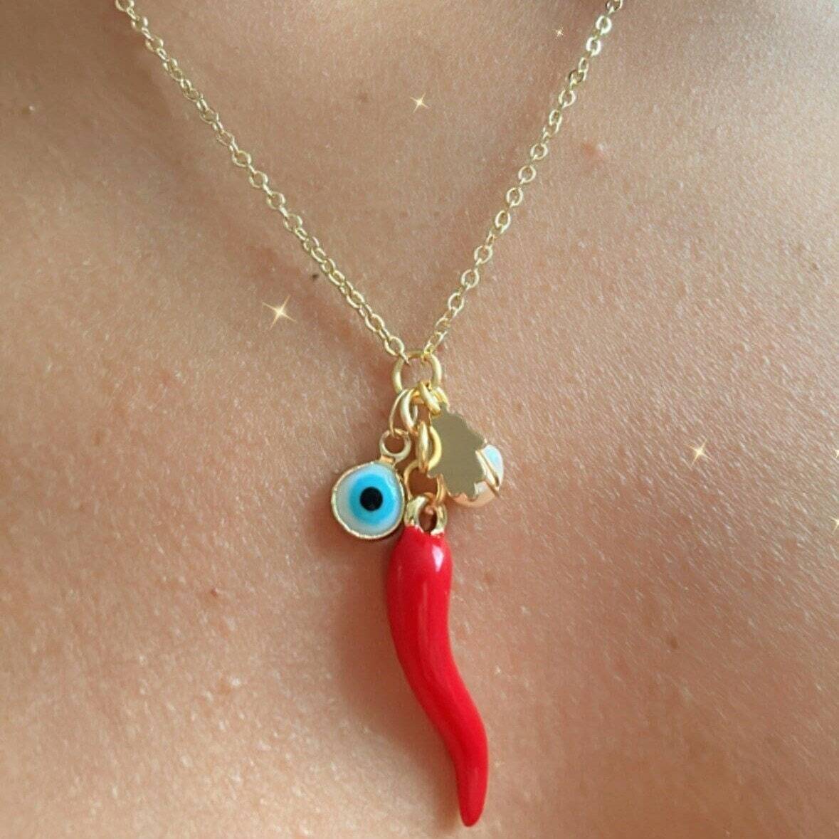 Handmade Italian Red Horn Necklace, 14k Gold Plated Cornicello Good Luck Pendant