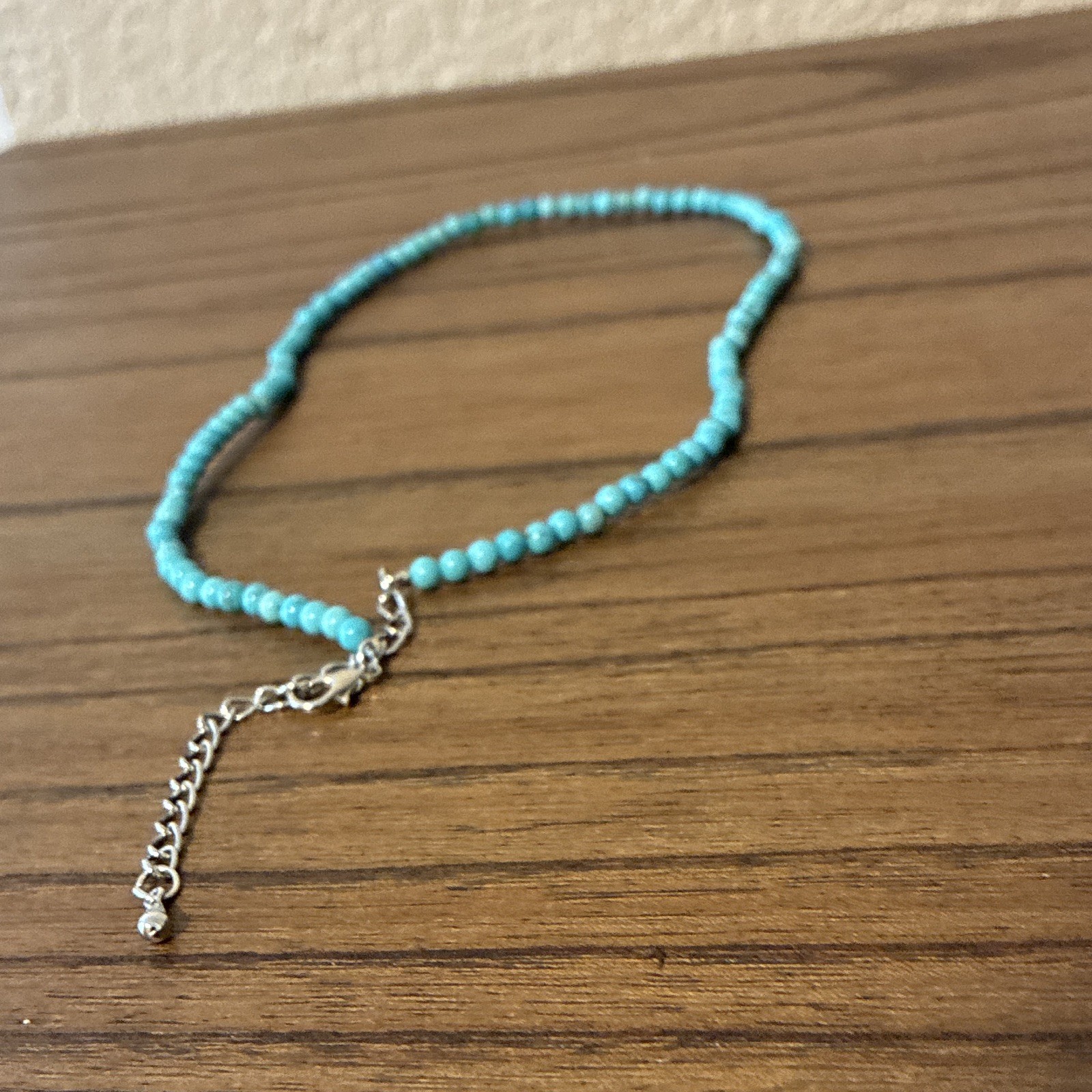 Blue Round Beaded Necklace Adjustable Cable Chain Extender Lobster Clasp