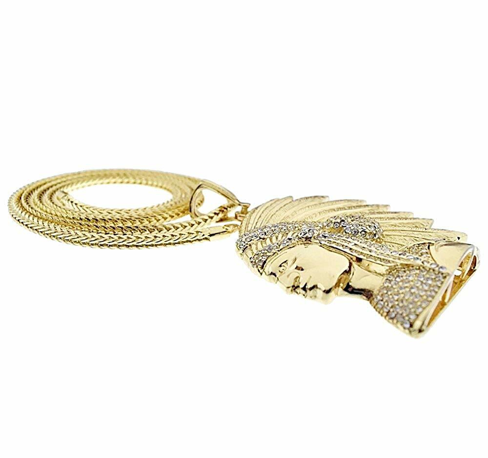 14k Gold Plated Big Apache Indian Chief Simulated CZ Pendant Franco Chain 36″