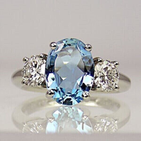 Women’s Stunning Wedding Ring Oval Simulated Aquamarine In 14K White Gold Plated