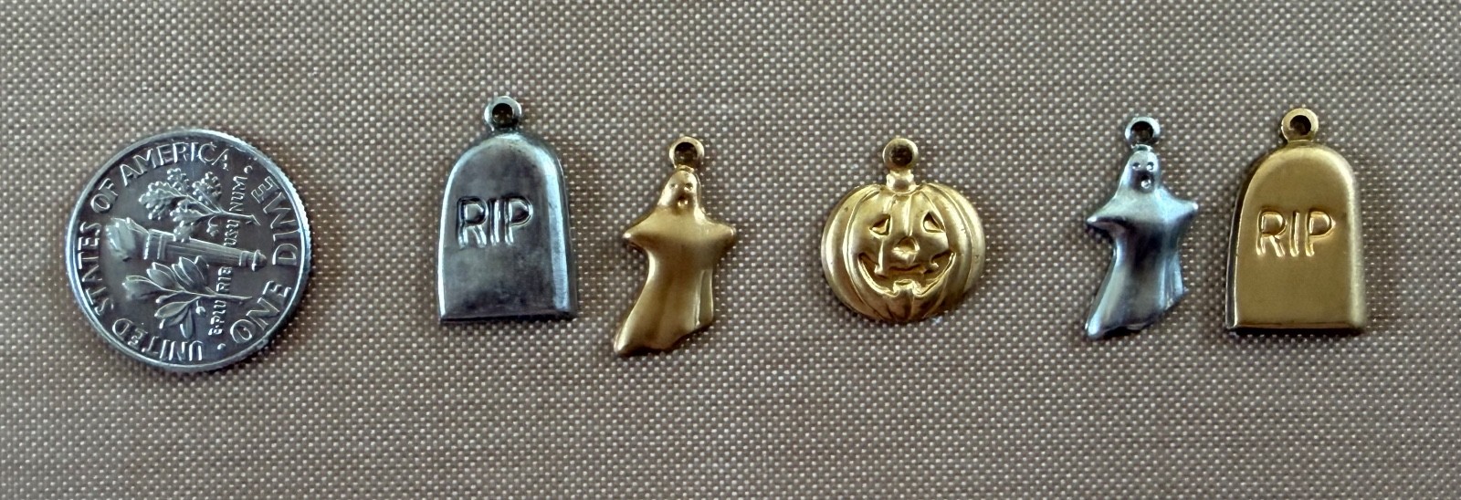 Vintage NOS Brass Halloween Charm Set 5 Pc Ghost Pumpkin RIP Tombstone Jewelry C