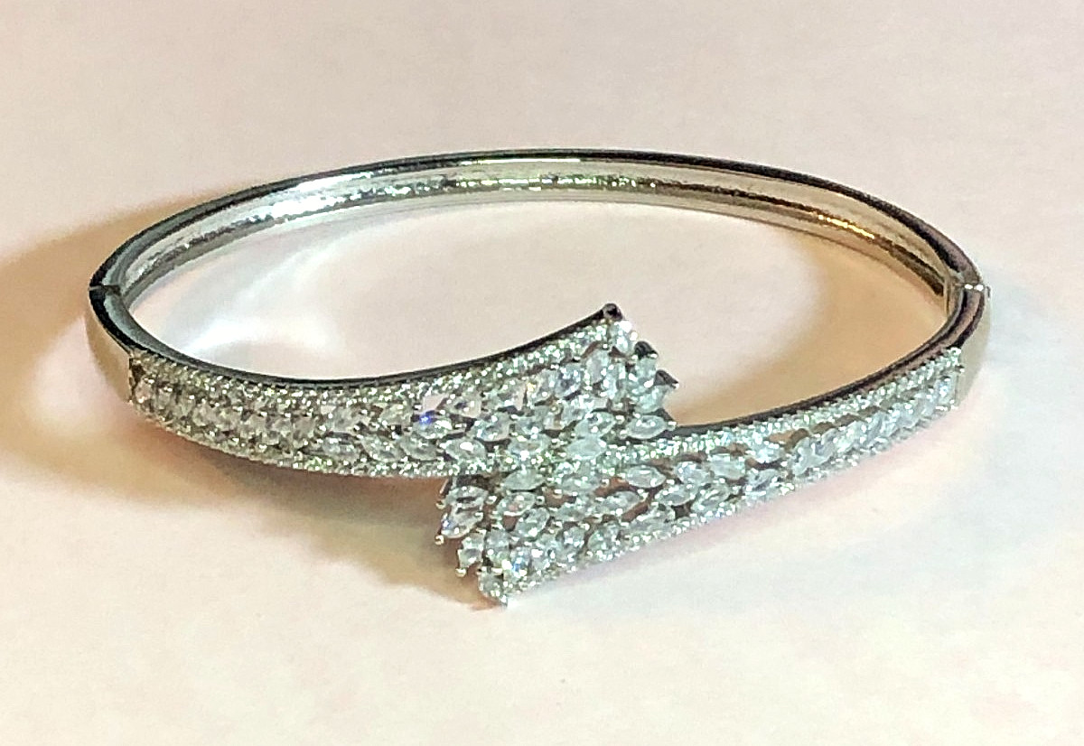 Silver CZ Simulated Diamond Bangle Bracelet Bypass Statement Rhodium Plated 3415