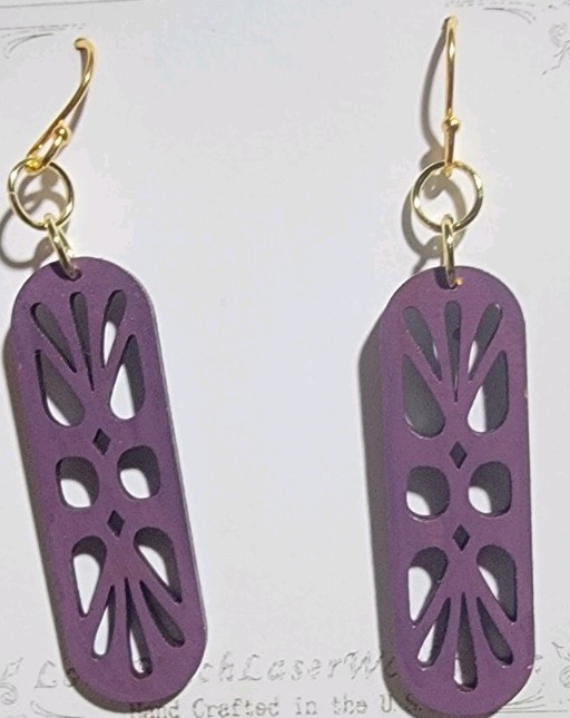 Purple Wooden Rectangle Cutout Dangle/Drop Hook Earrings, No Stone