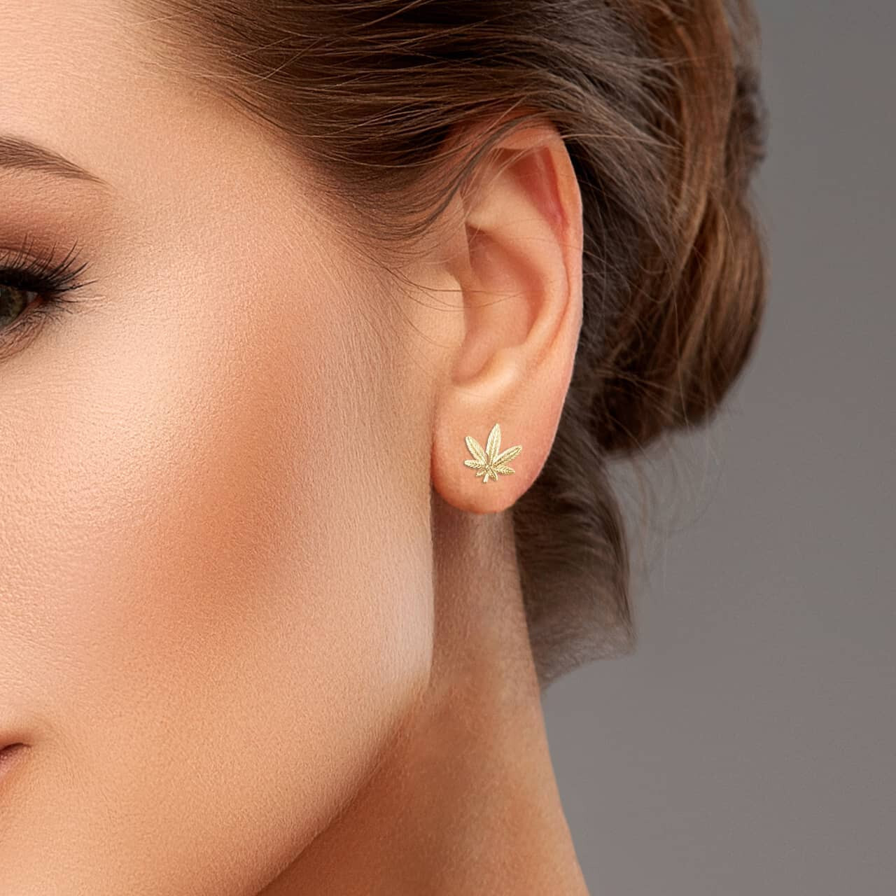 Yellow & White Gold Marijuana Leaf Weed Stud Earrings