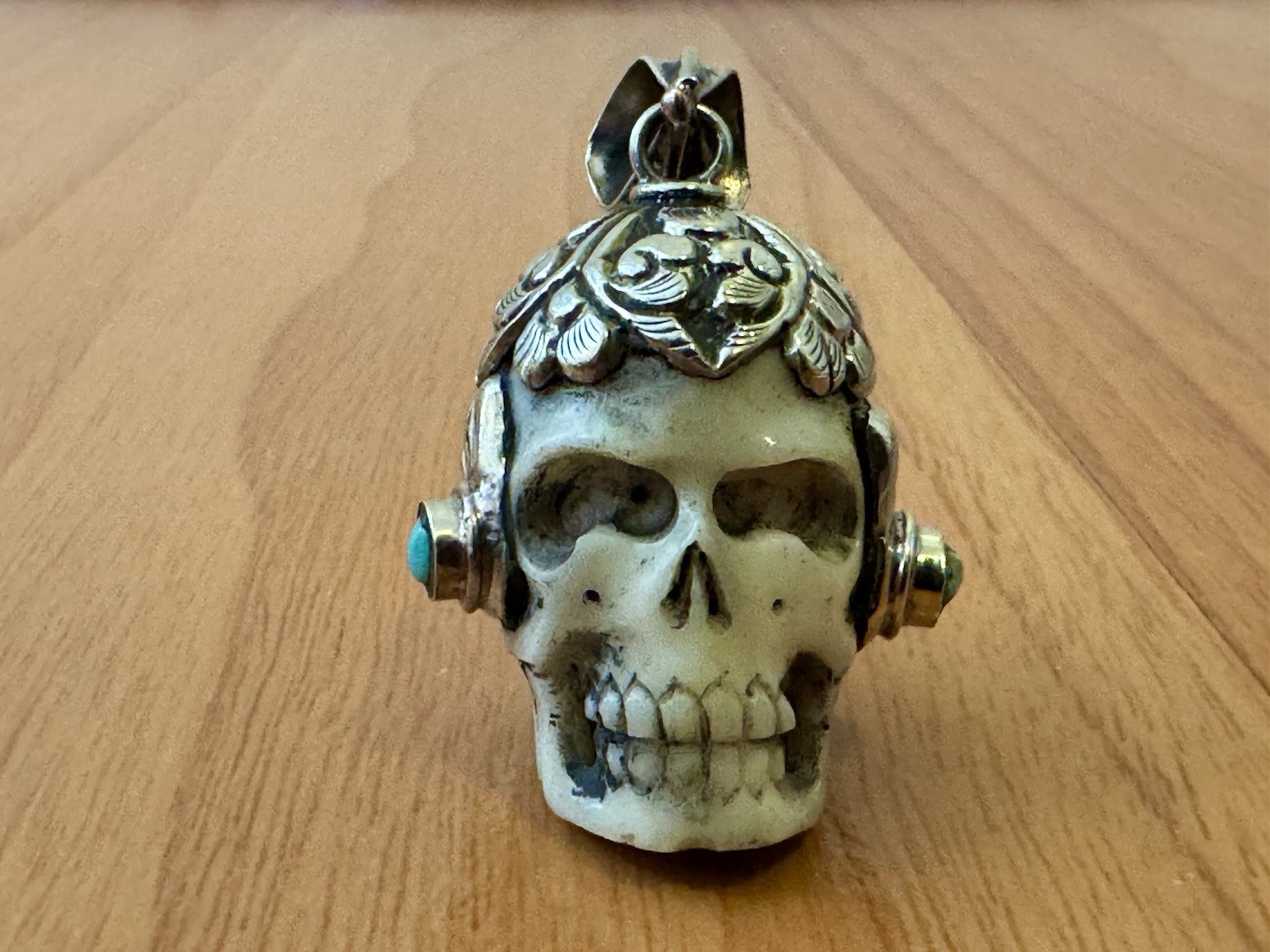 Handcrafted Bone Skull Pendant,Set in Tibetan Silver & Turquoise.2”inch & 27gram