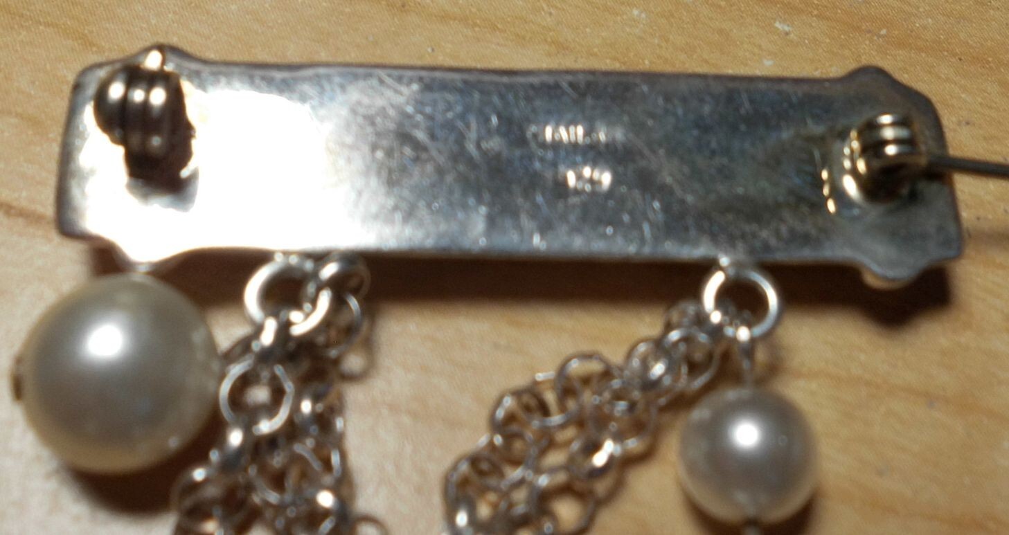 Sterling Silver Brooch Bar Pin with Heart, Pearls and Ball
