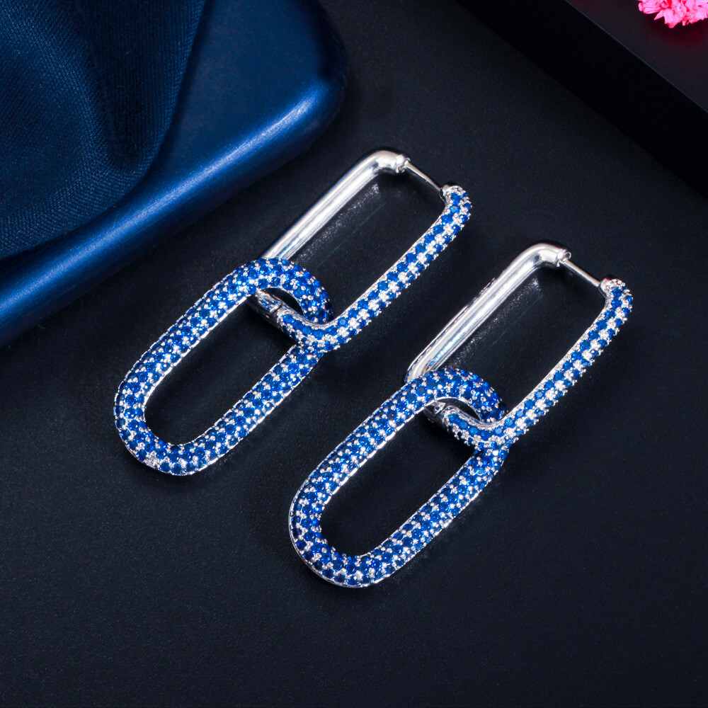 Gold Plated Mix Multicolor CZ Bridal Dangle Drop Rectangle Charm Hoop Earrings