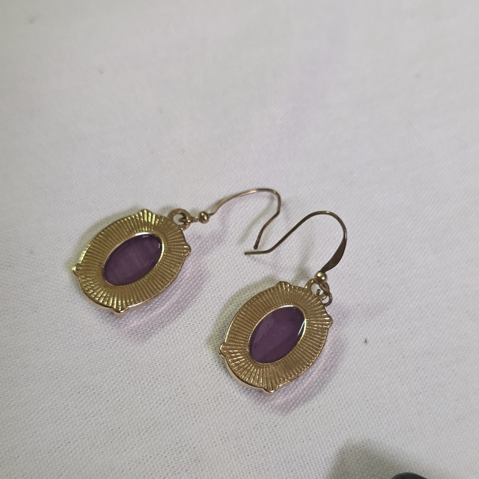 Gold Tone Purple Oval Cabochon Stone Dangle/Drop Hook Earrings, Bezel Set