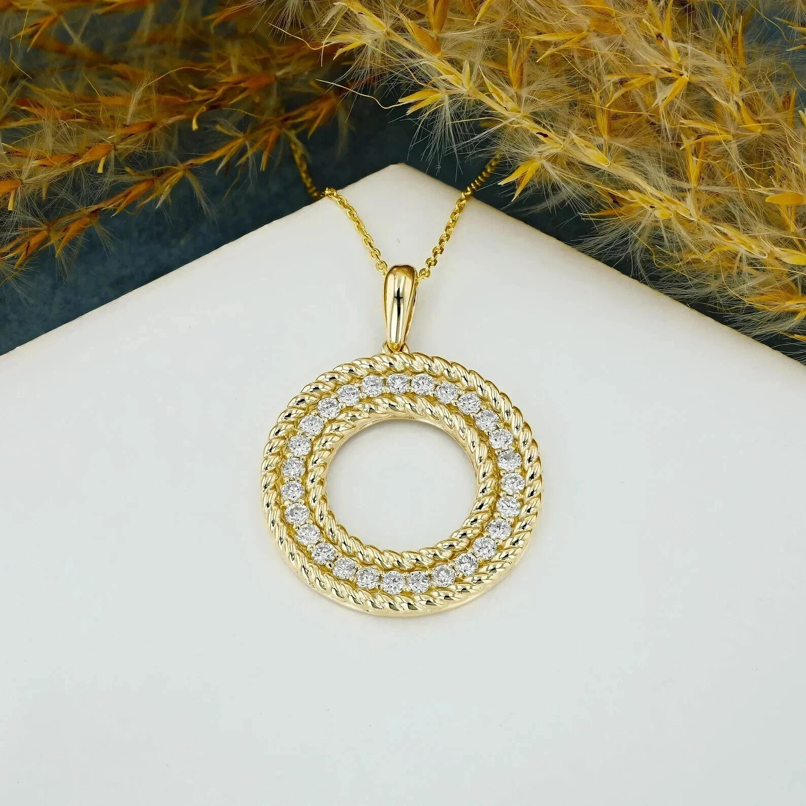 2Ct Round Lab Created Moissanite Circle Pendant Necklace 14K Yellow Gold Plated
