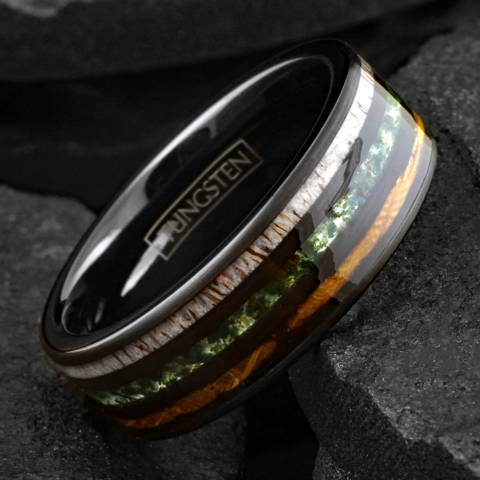 Tungsten Carbide Moss Agate Deer Antler Whiskey Barrel Band Ring