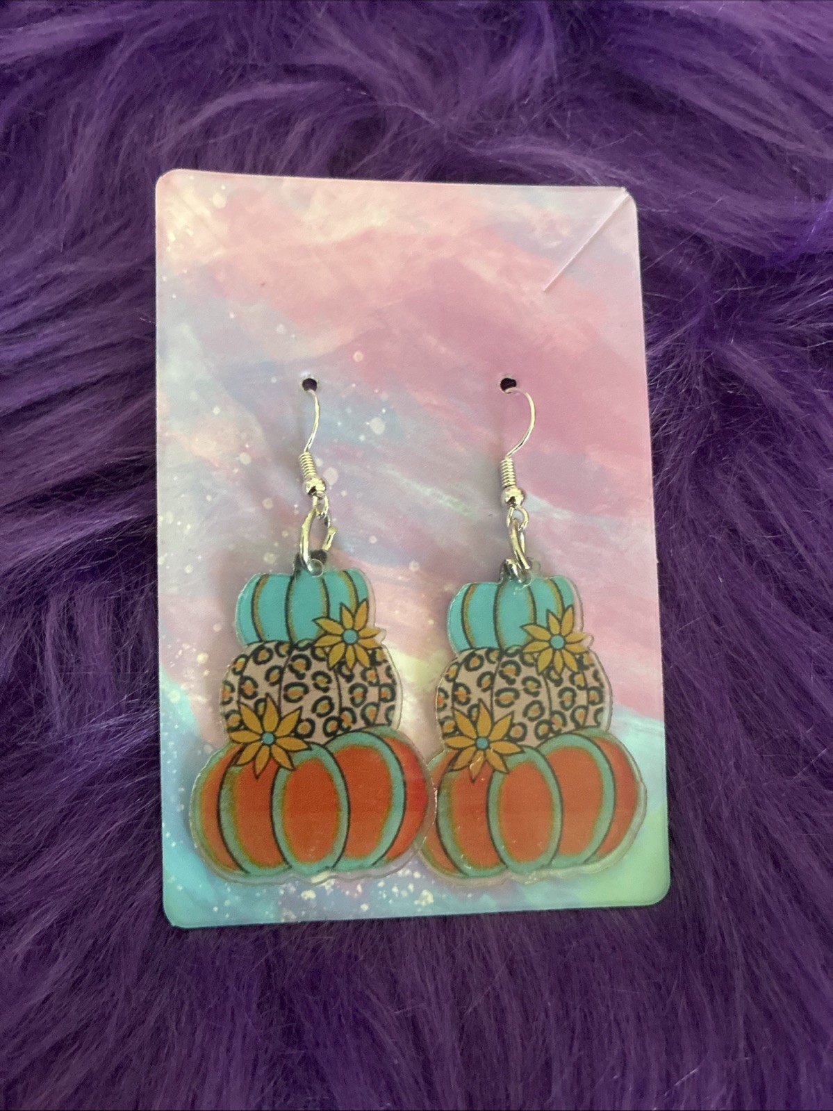 Autumn Acrylic Pumpkin Shaped Drop Style Earrings. Perfect For Halloween, Fall
