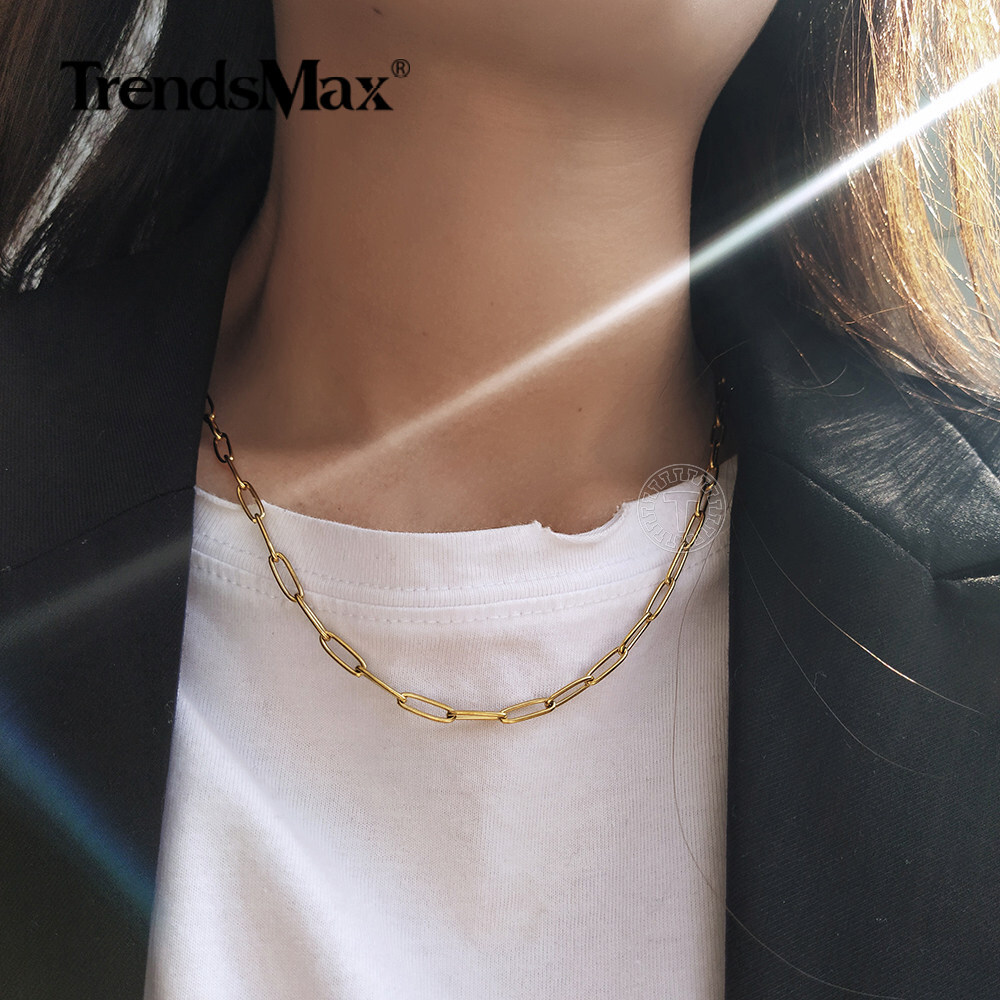 4MM 16+18+20″ Gold Plated Stainless Steel Paperclip Chain Necklaces Chokers 3Pcs