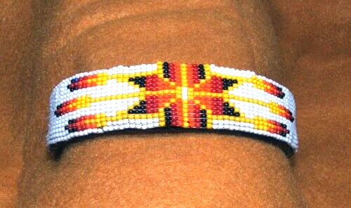 White Starburst Beaded Cuff Bracelet 1″W x7″ L Leather Backed Adjustable