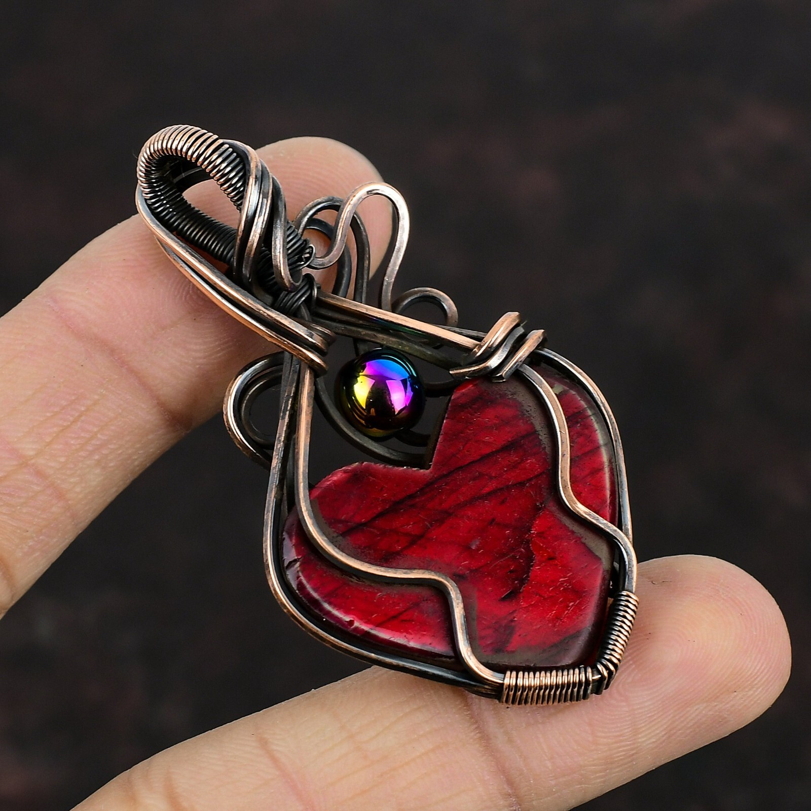 Red Fire Labradorite Pendant Handmade Gemstone Jewelry Copper Wire Wrap Pendant