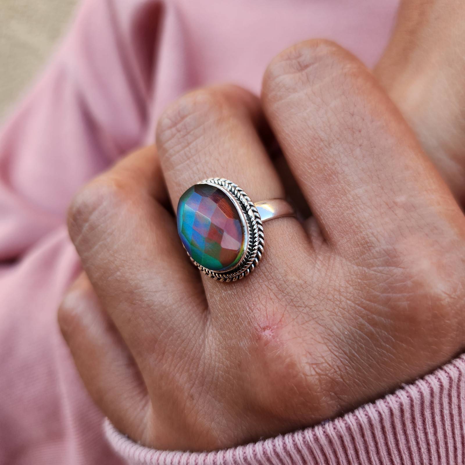 Aurora Opal Ring Aurora Borealis Ring 925 Sterling Silver Northern Light Ring