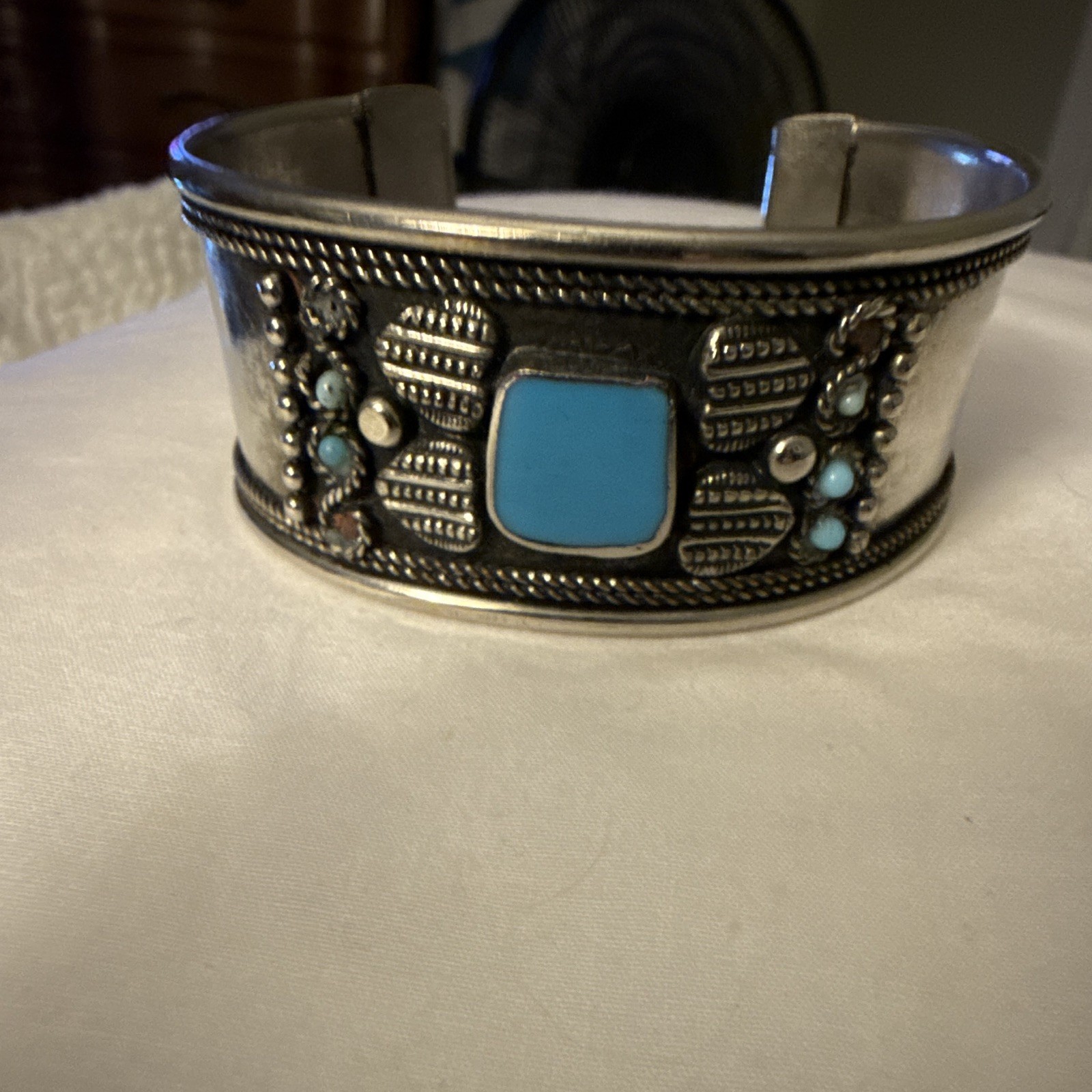 Silver Tone Turquoise Square Bezel Cuff Bracelet, Unisex Adults