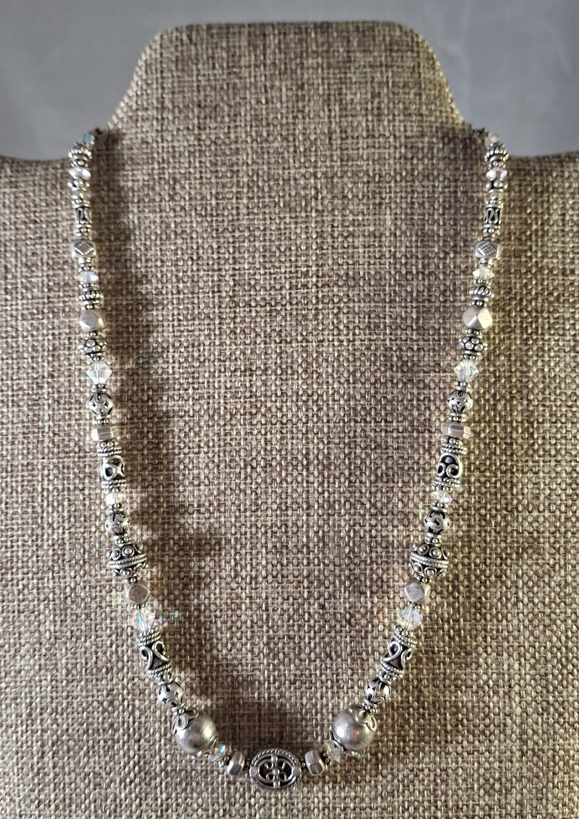 Vintage Ornate Sterling Silver Bali Filigree Bead Crystal Accent Necklace 17 in